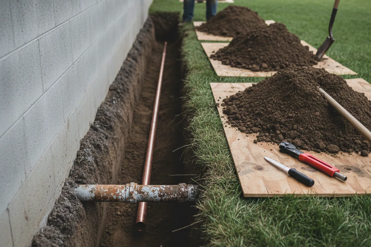 Excavated water line trench during Sewer Line Repair in Central